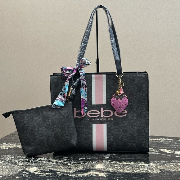 bebe Handbags - 4 pc Bebe Black Tote with Pink Accents